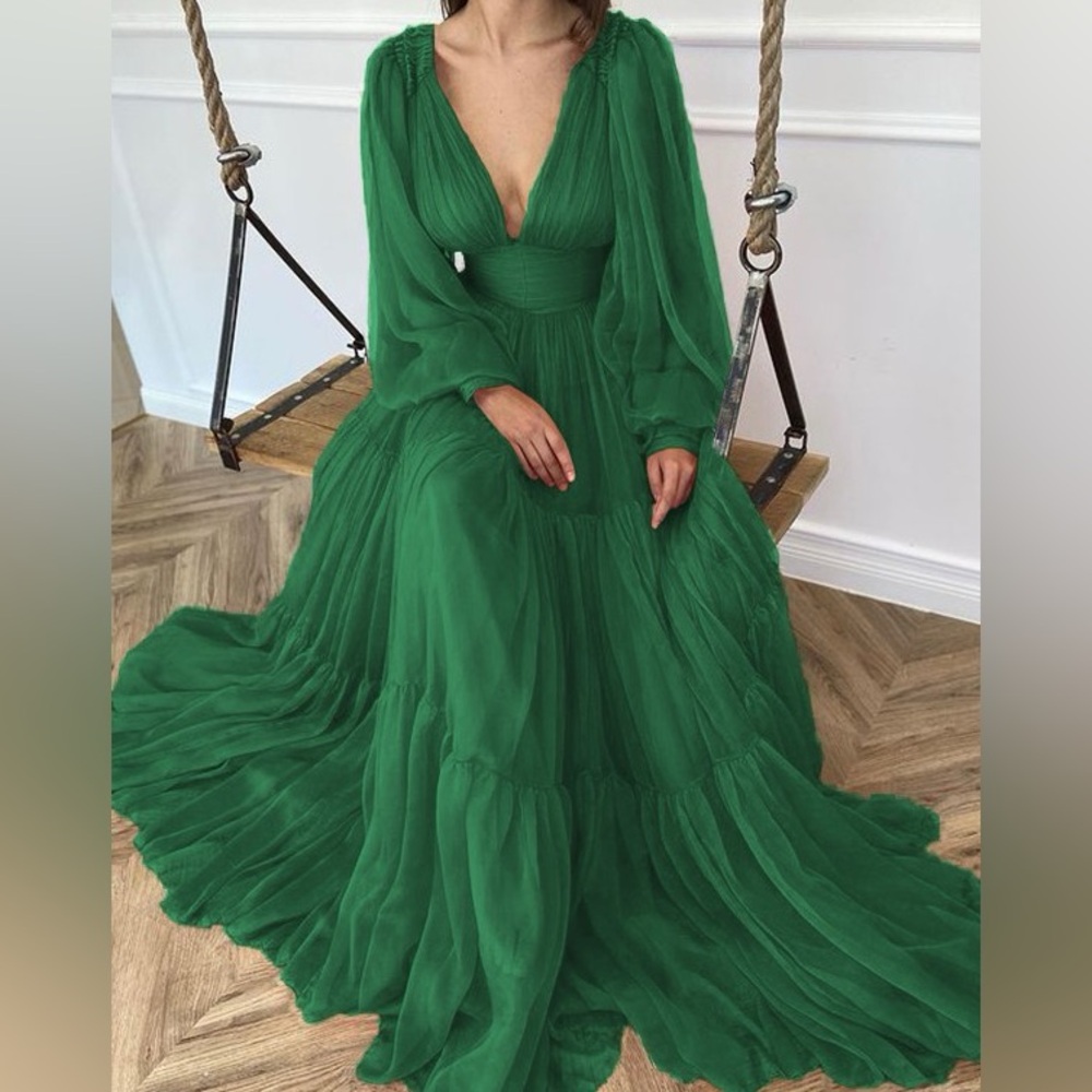 A-Line/Princess Floor-Length V-neck Long Sleeves 30D Chiffon Ruffles Dress